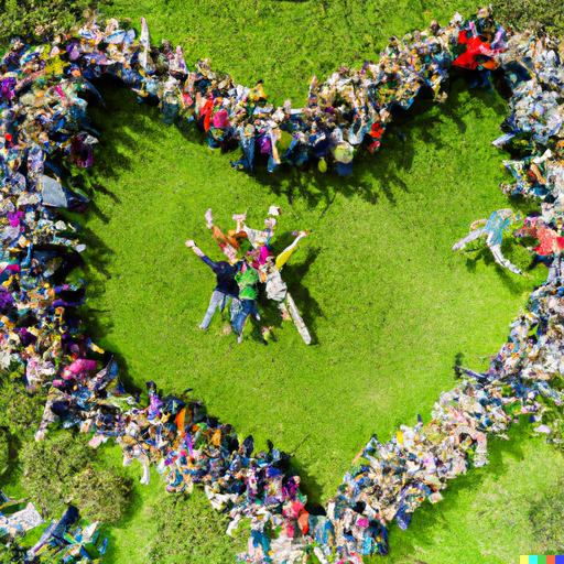 A large group of people happily embracing each other in a garden as seen from the sky.