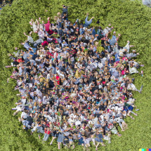A large group of people happily embracing each other in a garden as seen from the sky.