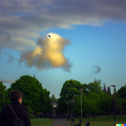 Un tipo raro y solitario en un parque mirándonos desde la lejanía con una nube en forma de gato en el cielo
