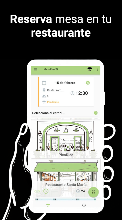 Una mano sosteniendo un smartphone con la aplicación abierta en una pantalla que muestra 'Reserva mesa en tu restaurante', junto con una interfaz gráfica de selección de restaurantes con ilustraciones de fachadas y listados de nombres.