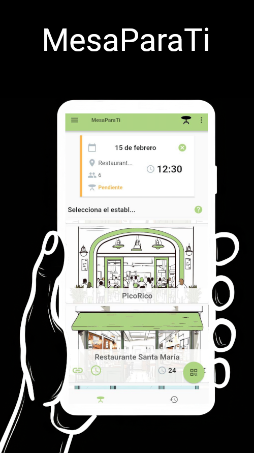 Captura de pantalla de la aplicación MesaParaTi, mostrando la selección de restaurantes disponibles, con detalles de una reserva pendiente para el 15 de febrero en el restaurante 'PicoRico'. La interfaz permite seleccionar y gestionar reservas fácilmente desde el dispositivo móvil.