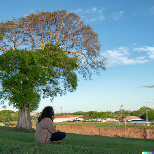 A woman on a lawn sitting under a tree looking at the horizon in the distance