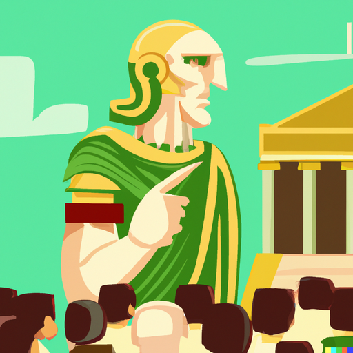 Caesar Emperor of Rome making a speech to the Roman people in a crowded square in front of his palace seen from afar.
