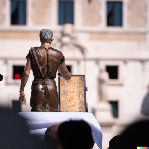 Caesar Emperor of Rome making a speech to the Roman people in a crowded square in front of his palace seen from afar.