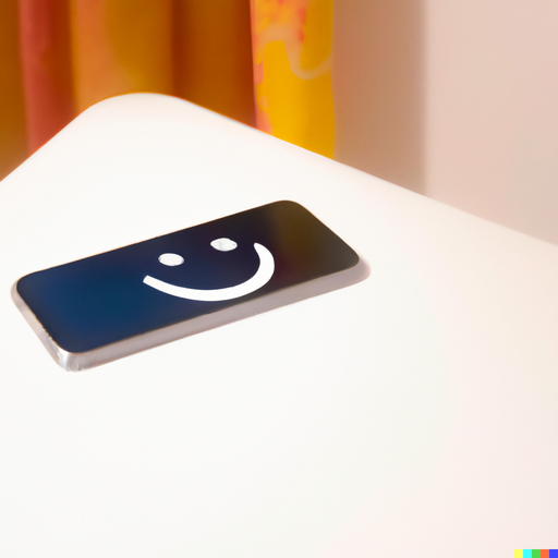 A happy mobile phone on a desk in a bedroom