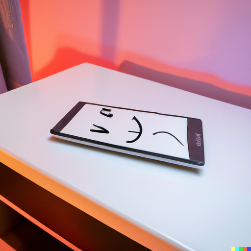 A happy mobile phone on a desk in a bedroom