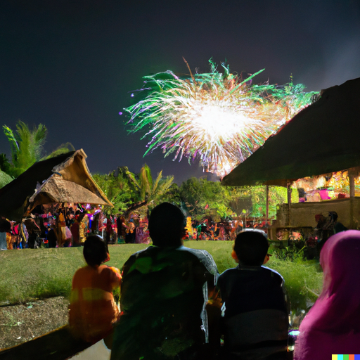 When it's time for the fireworks, everyone goes to the garden of the hut to watch the show. The fireworks light up the sky and everyone applauds and laughs as they watch the show.