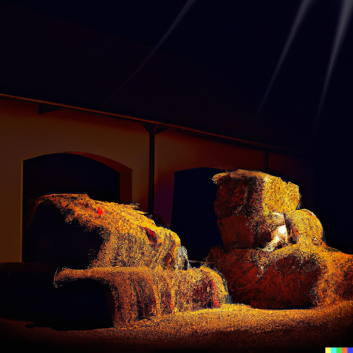 A stable at night illuminating the haystacks with antique lanterns, artistic style