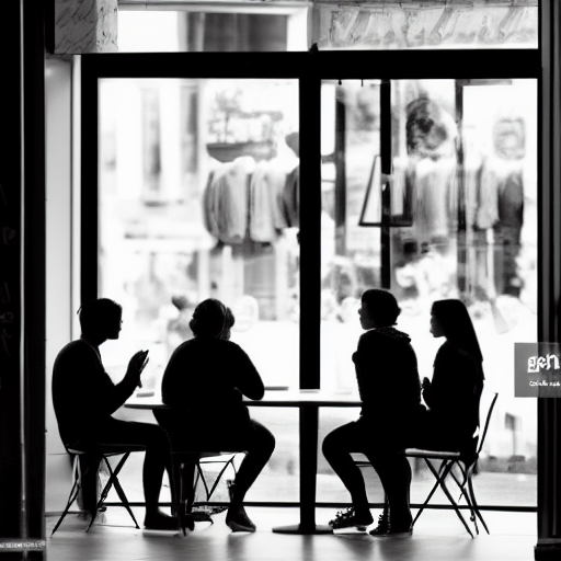 A group of people chatting quietly inside an establishment seen from outside through the store window
