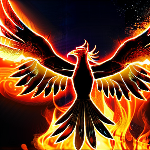A mighty and imposing phoenix rising from the ashes surrounded by fire and flames.