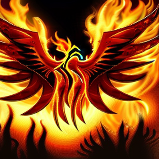 A mighty and imposing phoenix rising from the ashes surrounded by fire and flames.