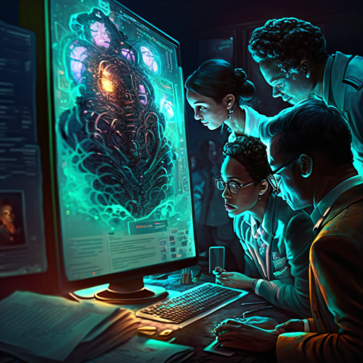 A group of scientists huddled around a computer screen, watching as the artificial intelligence named Promethea comes to life for the first time.