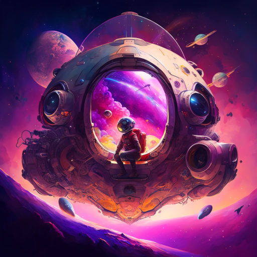 Samuel and his team embark on their perilous journey through space, traveling in a futuristic spacecraft powered by the secret number, with a backdrop of vibrant nebulas and distant galaxies.