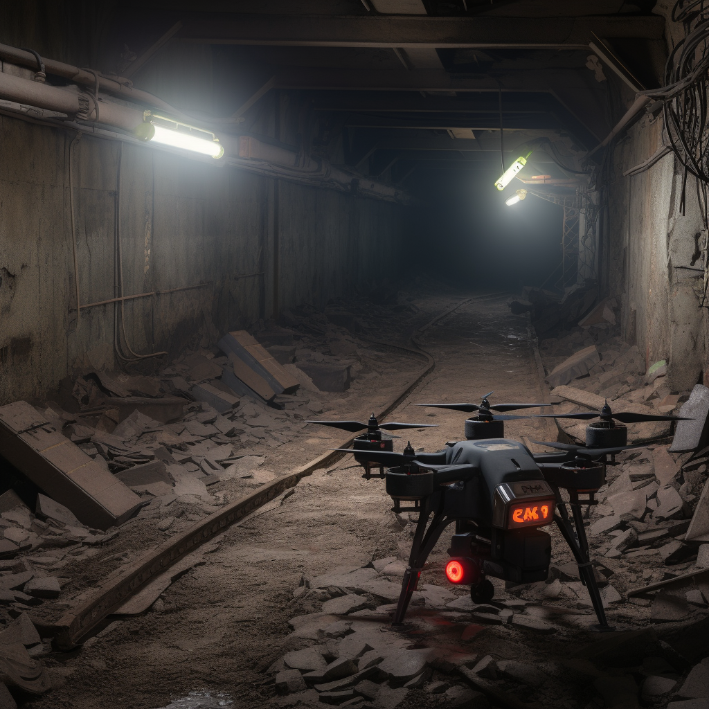 A small flying quadcopter patrol sentinel drones checking the underground