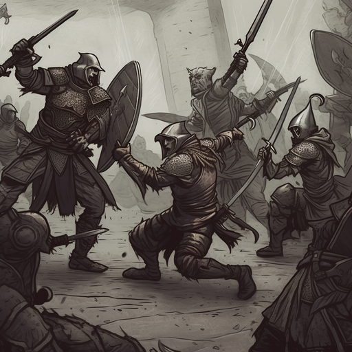 A tense confrontation between the Guardians of Laughter and Tenebris's fearsome soldiers, the Silencers, as they attempt to suppress the spreading joy.