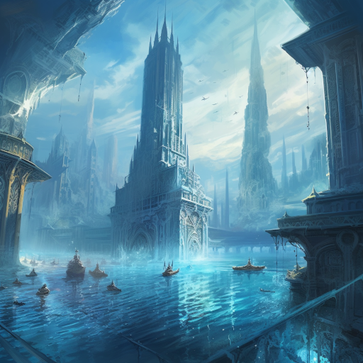 A city submerged underwater, protected by a force field that keeps the water out. The buildings are made of an unknown material that emits a soft blue light. The city is vast, with towering structures and intricate architecture that defy our understanding of ancient civilizations