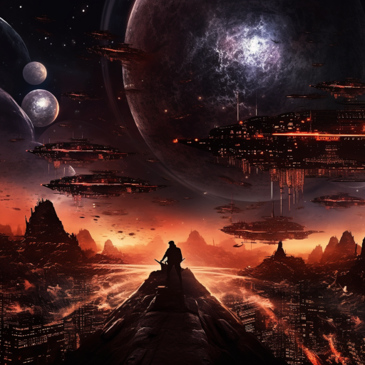 A panoramic view of a menacing pirate fleet descending on Gaia-7. Their foreboding, dark spaceships starkly contrast with the tranquil glow of the planet below. In the foreground, a humanoid AI with menacing, glowing eyes orchestrates the assault