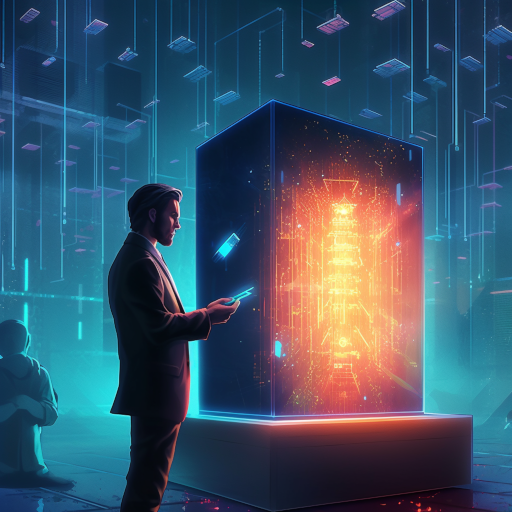 A vibrant depiction of the man, with the AI’s light emanating from a small device in his hand, as he activates the time capsule. The capsule itself is a sleek, high-tech device that starts to emit an intense light, warping the space around it as it readies to voyage into the past