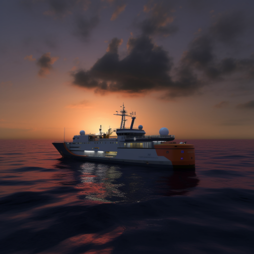 The advanced research vessel, Poseidon, as it sails on the vast Atlantic Ocean. The ship is equipped with high-tech submarines and cutting-edge scanning equipment. The sky is a mix of oranges and purples, indicating either dawn or dusk, and the sea is calm, reflecting the colors of the sky