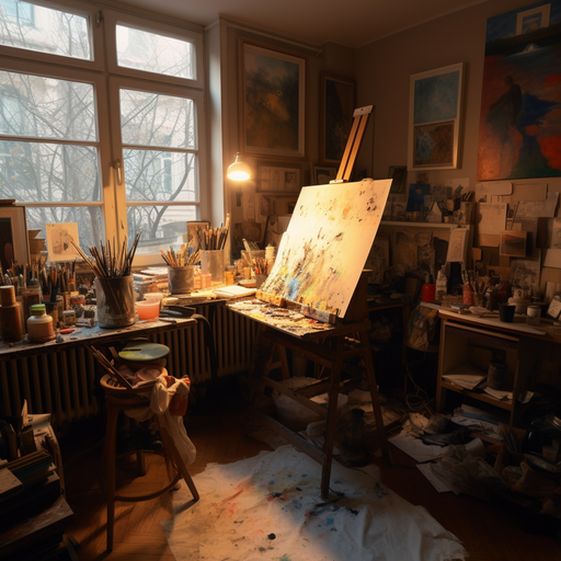 A small, cluttered artist's studio in an apartment, filled with canvases and paints, lit by the soft glow of a single lamp.