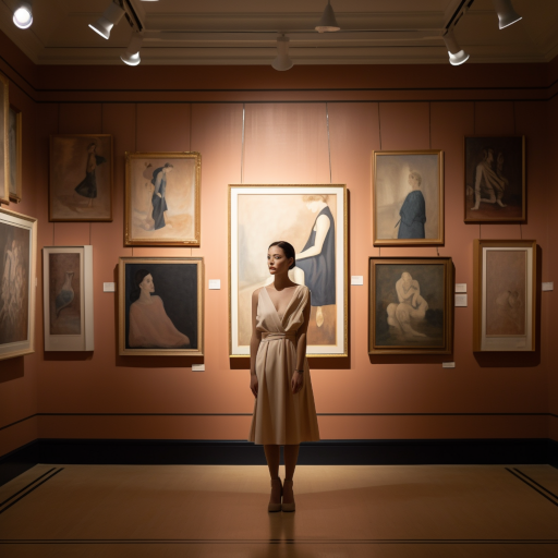 Rosa, dressed in a simple but elegant dress, standing at the entrance of a gallery, her paintings hanging on the walls, illuminated by soft gallery light.