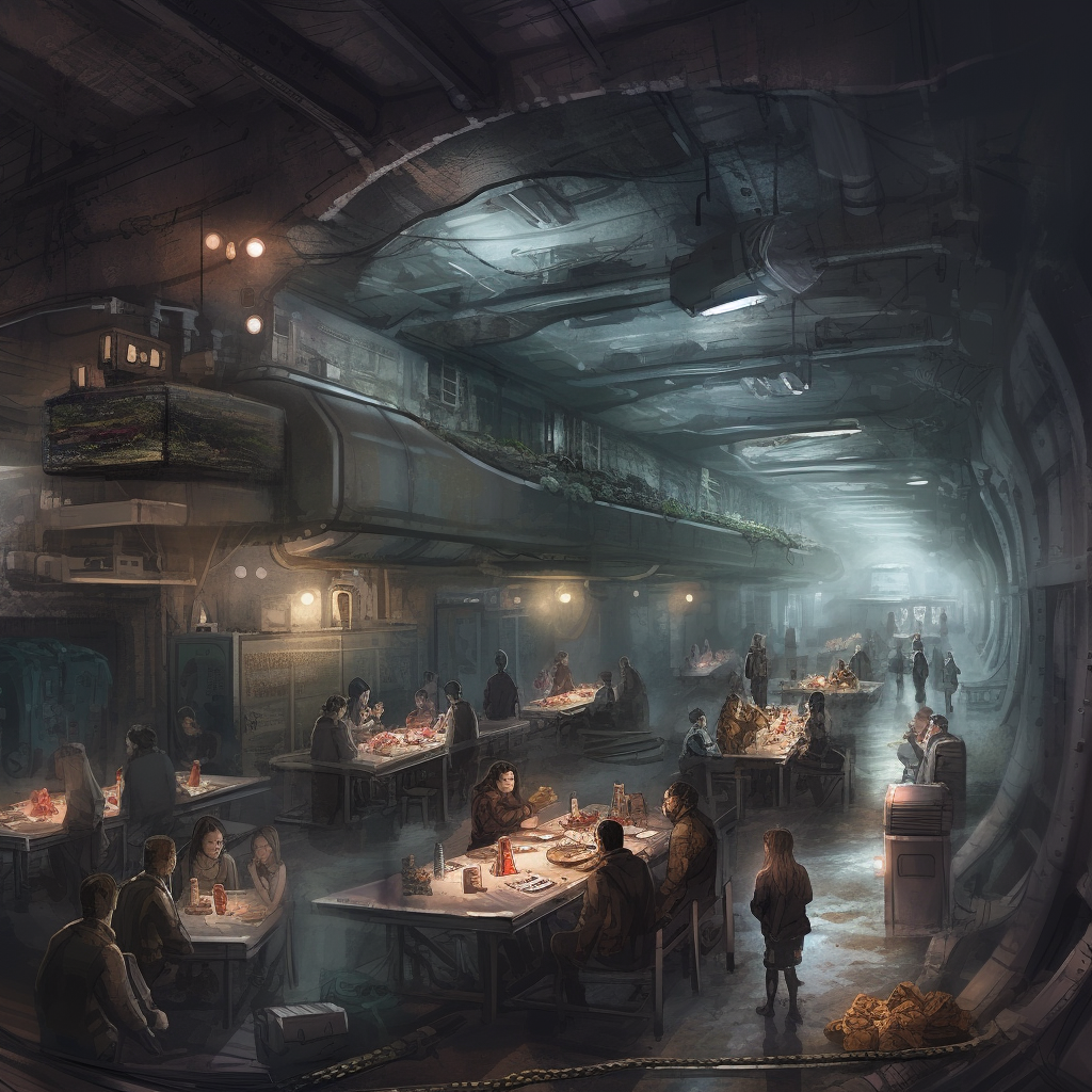 A  vast square inside an underground train station with a large table with assorted delicacies and drinks and an ocean of shelter dwellers around it in a desolated surroundings. dystopian, science fiction, future, underground, dark and depressive, station, soft artificial light