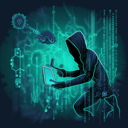 a human silhouette filled with cogwheels, circuitry, and lines of code, symbolizing the blend of human and technological elements in cybersecurity. The silhouette is reaching out to touch a holographic screen displaying various types of cyber threats: a phishing email, a ransomware lock, and a fake identity profile. This represents the human vulnerabilities that often lead to successful cyber attacks.