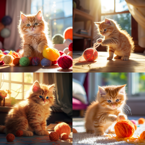 Un esponjoso gatito naranja jugando con un ovillo de colores vivos en una habitación iluminada por el sol. Caos 10