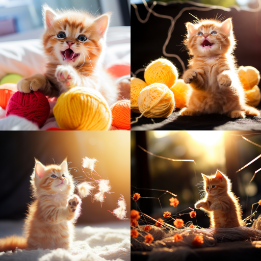 Un esponjoso gatito naranja jugando con un ovillo de colores vivos en una habitación iluminada por el sol. Caos 50