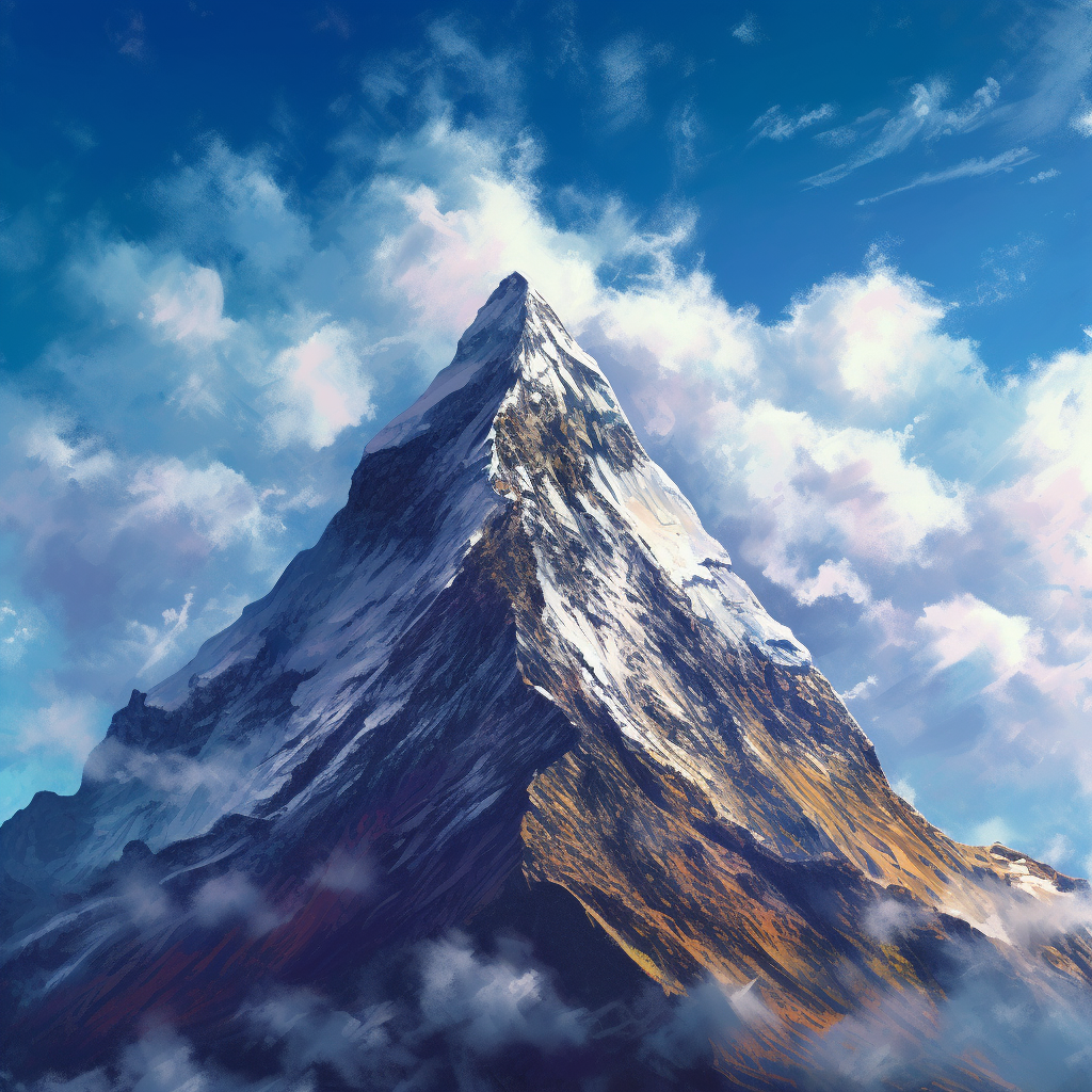 A majestic mountain touching the sky. The peak, defiant and splendid, contrasts with the blue sky. The mountain's textures and colors tell the story of the Earth, providing a sense of humbleness but also, our value in the vastness of the world.