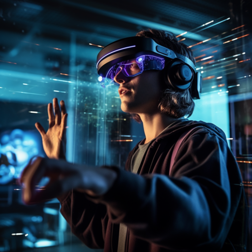 A user immersed in the metaverse, using the Mixed Reality glasses, Apple Vision Pro, in a futuristic environment. The user could be interacting with virtual interfaces that float around them.