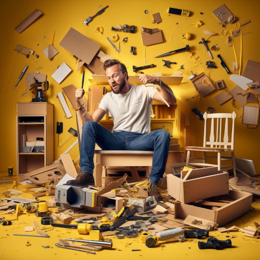 A weary-looking individual struggling to assemble an IKEA furniture with Swedish instructions. Wooden parts, screws, and tools are scattered all over in complete chaos, while the instruction manual seems to be mockingly laughing at him