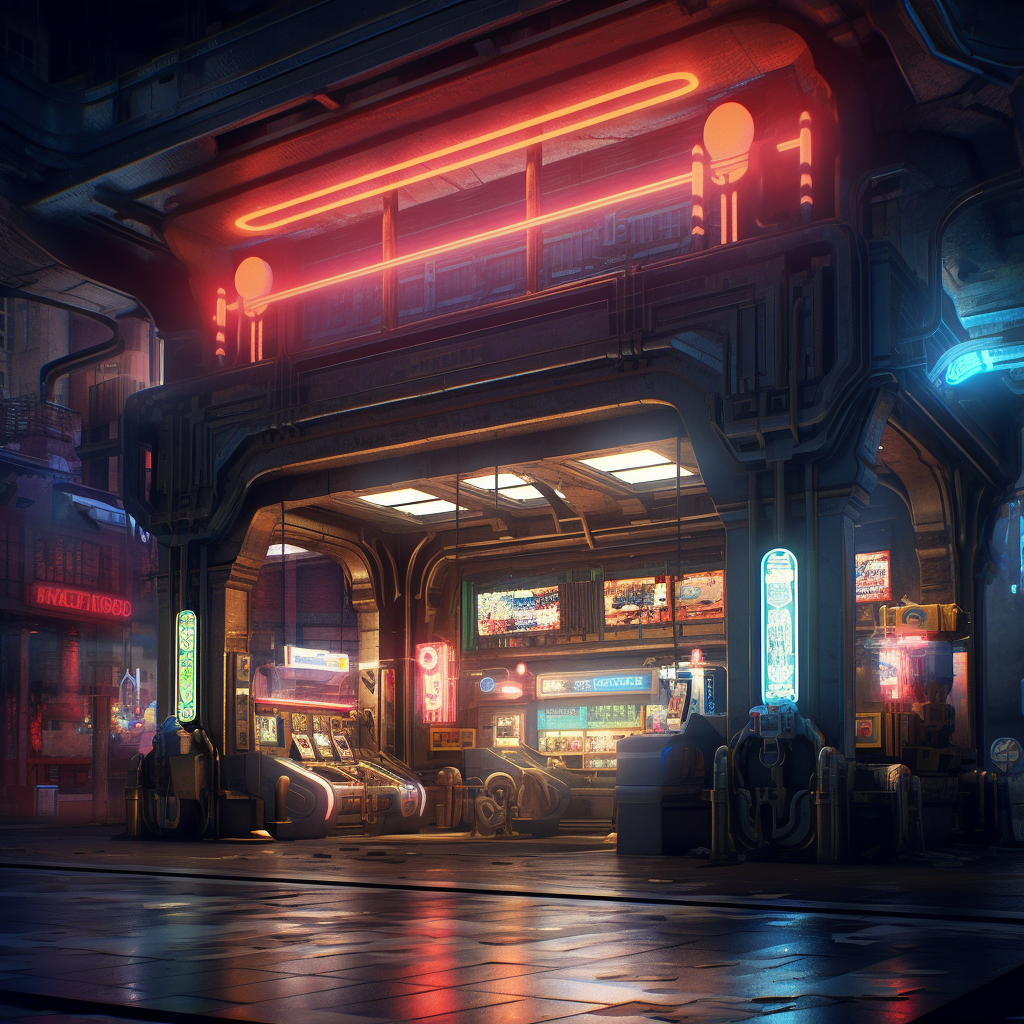 An illustration of a closed tech department with a network of soft neon lights illuminates the hustle and bustle, casting a futuristic glow on the station's antique charm. It’s a harmonious juxtaposition of the past and the future, old world architecture embracing new world technology.