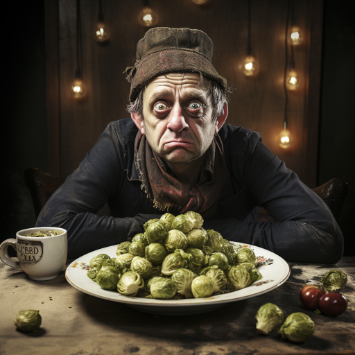 An individual sitting in front of a plate full of Brussels sprouts. Their face displays a mix of horror and desperation, with a note at the edge of the plate saying 'guaranteed immortality'