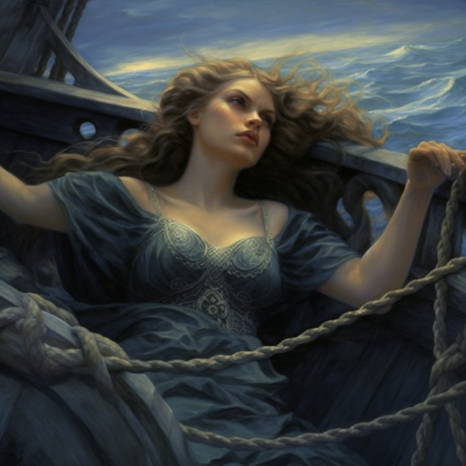 From the deck of the ship, the figure peered into the waves, transfixed by the sight of the siren whose eyes held an ancient, enchanting allure.