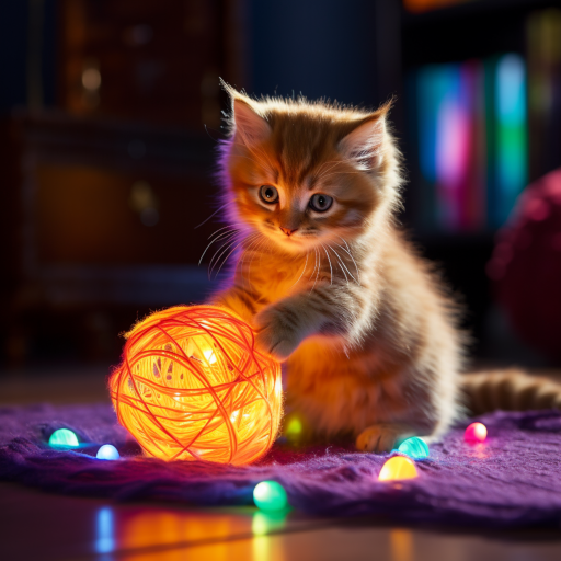 Un esponjoso gatito naranja jugando con un ovillo de colores brillantes en una habitación iluminada por colores led vibrantes