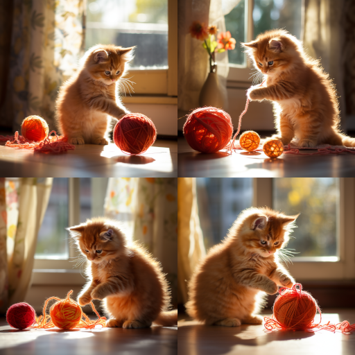 Un esponjoso gatito naranja jugando con un ovillo de colores vivos en una habitación iluminada por el sol