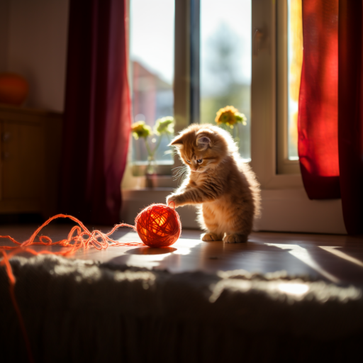 Un esponjoso gatito naranja jugando con un ovillo de colores brillantes en una habitación iluminada por el sol