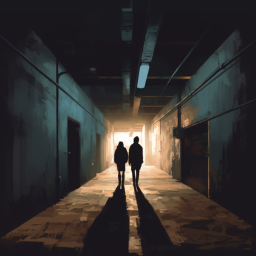An illustration of two people walking along the dimly lit corridor, their shadows dancing on the station's cold, concrete walls. They talk one of them, tower of stoic resilience, listens intently to the other, his gaze carrying the wisdom of years living under the oppressive regime.