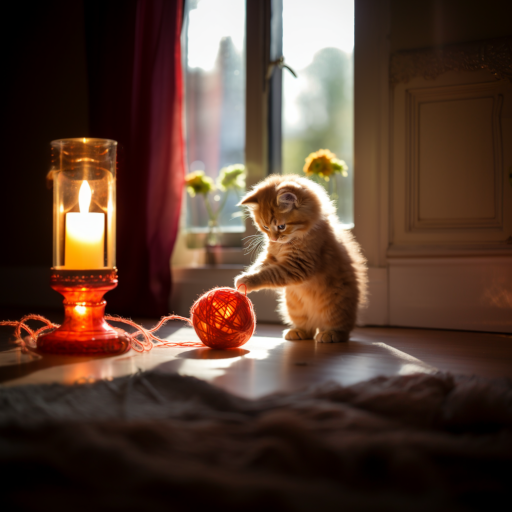 Un esponjoso gatito naranja jugando con un ovillo de colores brillantes en una habitación iluminada por el sol. En una habitacion de una antigua casa victoriana