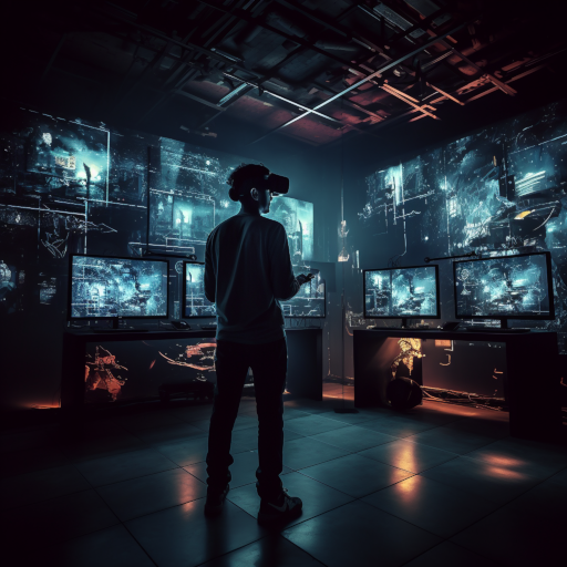 A dark, enclosed room with screens on the walls and entertainment devices neatly distributed around the room, a man standing in the centre wearing virtual reality goggles