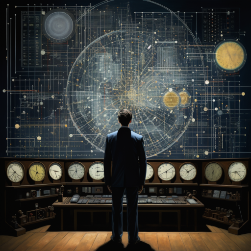A man stands before a panel of instruments, his eyes widened in awe and curiosity as the graphs and readings on his screens form mysterious patterns