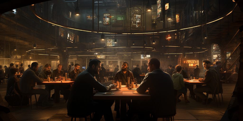 A warmly lit communal dining area in a vast underground setting. People sit around tables, conversing and enjoying a shared meal A juxtaposition of warmth in a high-tech dystopia