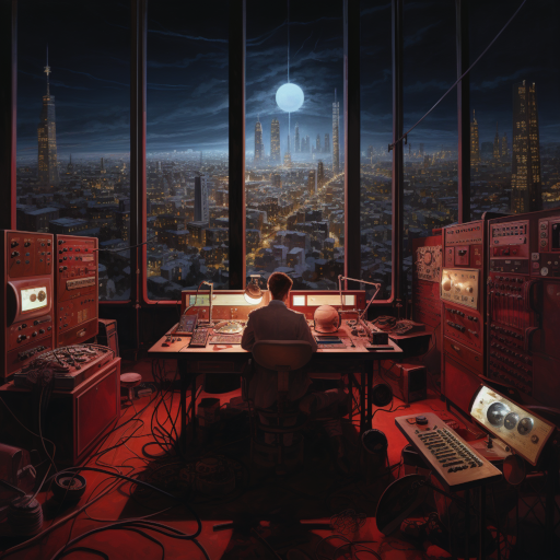 An ancient red-stone laboratory stands amidst a bustling city, flashing lights and oscilloscopes humming to the rhythm of radio waves