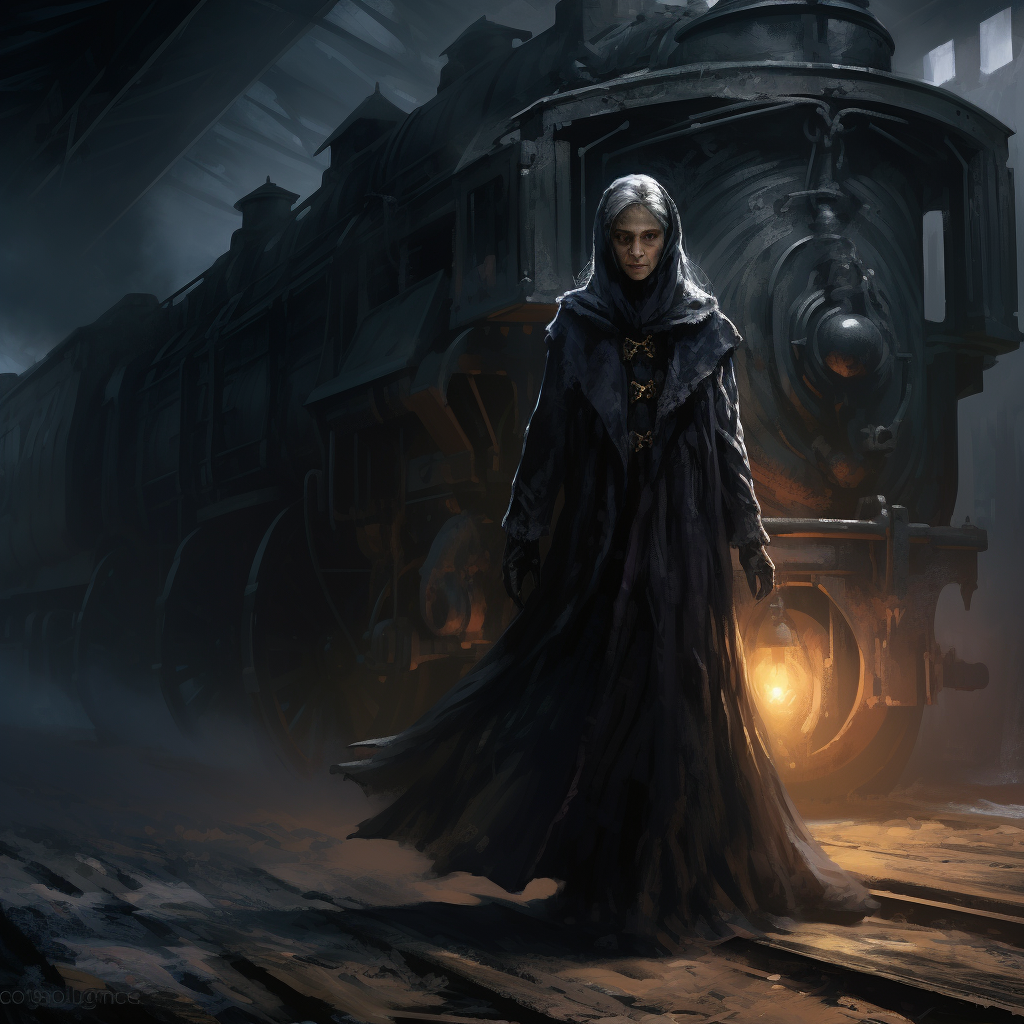 An elderly widow, hardened by life's relentless trials, finds herself standing before the spectral locomotive, its door invitingly ajar