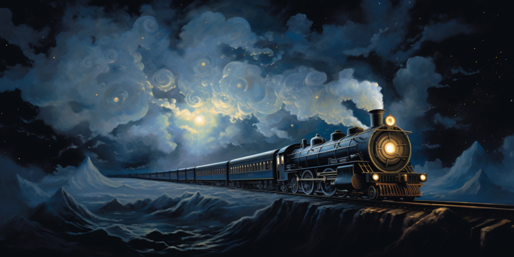 As the train chugs away into the unknown, its gilded outline dances against the night sky, embodying a journey into brighter tomorrows