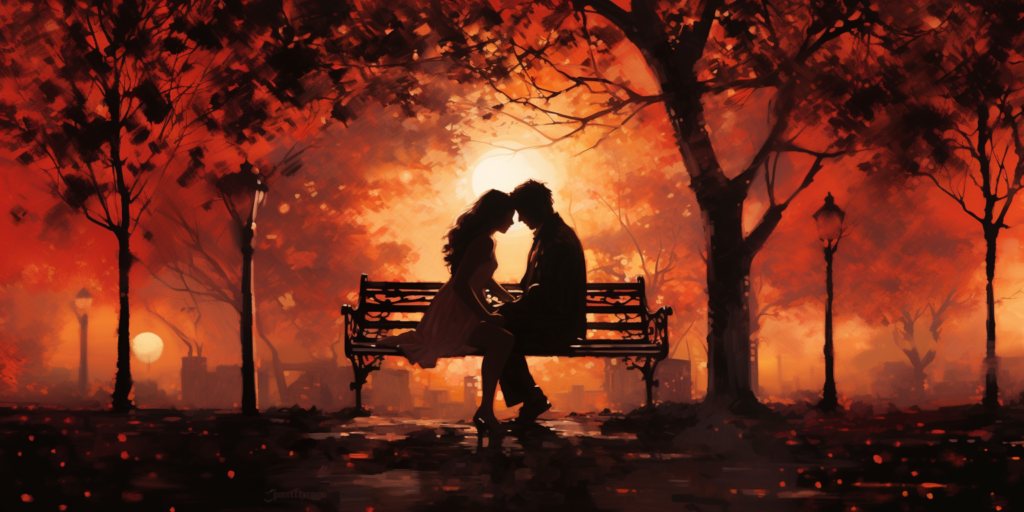 Bathed in the gentle glow of a setting sun, two silhouettes sit huddled together on a park bench, lost in hushed whispers that seem to soothe the raging inferno within