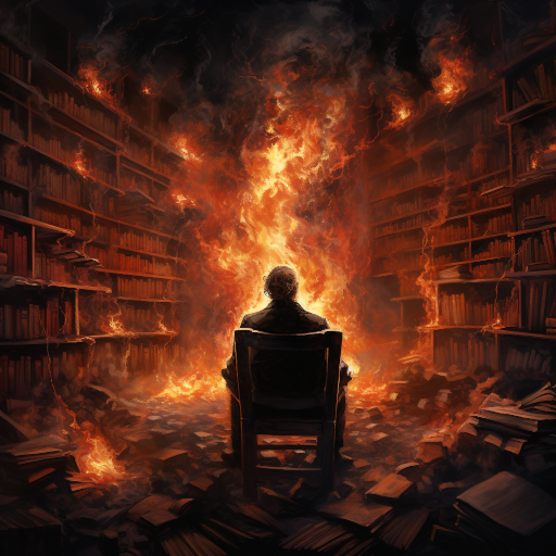 In the hushed silence of a dusty library, a man's gaze meets a stranger's, revealing a vision of a hellfire more fierce and tormented than any he's ever seen