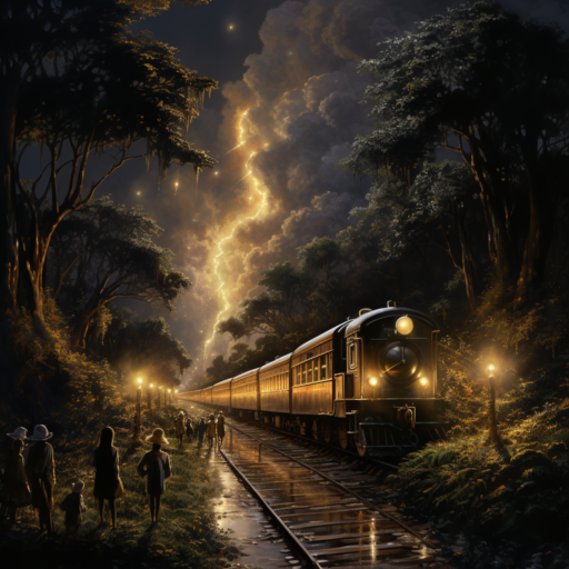 The ethereal train departs, leaving behind a luminous trail, as the villagers watch in awed silence, their faces reflecting the golden radiance 