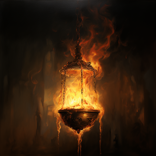 Underneath the soft, warm glow of a hanging lamp, the once roaring flames of torment seem to flicker and wane, replaced by a gentle light of hope and redemption